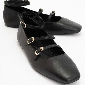 Resim Glımmer Siyah Hakiki Deri Bilekten Bağlamalı Küt Burun Kadın Babet Ayakkabı Siyah 