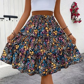 Resim Kadınların Zarif Çiçek Desenli Etek, Marul Detaylı, Esnek Bel, Hafif Polyester, Bahar/Yaz Tatilleri İçin Mükemmel - Çok Katmanlı Tasarım 