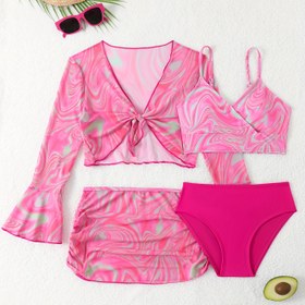 Resim 4 adet Moda Bikini Seti, V-Yaka Straplez Örgü Malzeme Mayo, %95 Polyester %5 Elastane, Yüksek Esneklikli Dar Kesim, Yaz Güneş Koruma Rastgele Baskı Plaj Giyim 