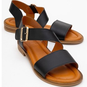 Resim Majesty Siyah Cilt Hakiki Deri Kadın Sandalet Siyah Deri 