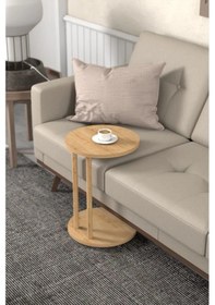 Resim C Sehpa Yuvarlak 36 Cm Çap Tekerlekli Şık Tasarım Koltuk Yan Sehpa Zigon Servis Sehpası Traverten - Safir Meşe Safir Meşe 