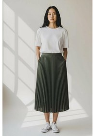 Resim Eren Style Pileli Pamuklu Dokuma Viskon Kışlık Etek 95 Cm - 38-48 Haki 