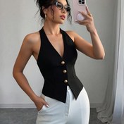 Resim Kadınlar için şık siyah V-Neck Yelek - Ön Düğmelerli, İş ve Günlük Giyim için Mükemmel, Yaz Koleksiyonu 
