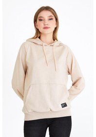 Resim Metalic Kadın Bej Kapüşonlu Basic Örme Sweatshirt Bej 