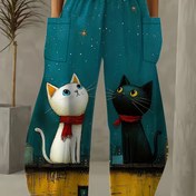 Resim Kadınlar İçin Büyük Beden Yüksek Bel Geniş Paça Pantolon - Canlı Kedi ve Yıldızlı Gece Baskısı, Bol Kesim, Cepli, Her Mevsim için Rahat Polyester Karışımı, Günlük Şıklık, Dijital Baskılı Giyim | Kaprisli Kedi Tasarımı | Makinede Yıkanabilir Pantolon, Sevimli Pantolon 