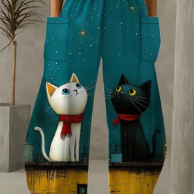 Resim Kadınlar İçin Büyük Beden Yüksek Bel Geniş Paça Pantolon - Canlı Kedi ve Yıldızlı Gece Baskısı, Bol Kesim, Cepli, Her Mevsim için Rahat Polyester Karışımı, Günlük Şıklık, Dijital Baskılı Giyim | Kaprisli Kedi Tasarımı | Makinede Yıkanabilir Pantolon, Sevimli Pantolon 