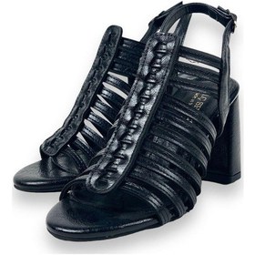 Resim Kadın Pert Siyah Kalın Yüksek Topuk Ayakkabı Sandalet 9 Cm 102 001 