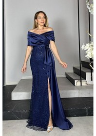 Resim Ges Moda G1340 Saten Detaylı Payet Tasarım Elbise Lacivert Lacivert 