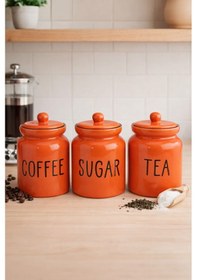 Resim Dekorasyaa 3'lü Seramik Çay - Kahve - Şeker Kapaklı Kavanoz Seti - Turuncu Turuncu 