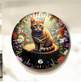 Resim Sarı Kedi Renkli Baskı Hayvan Desenli Sayılı Hediyelik Ahşap Sessiz Duvar Saati 50cm ÇOk Renkli 