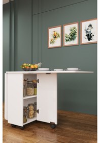 Resim Asra Trend KM-12 %100 MDF 155x70 cm Katlanır Akıllı Mutfak Masası Tekerlekli Servis Masası Beyaz 