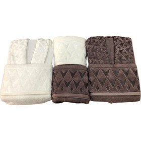 Resim Royam Cotton Paris Jakarlı Pamuklu 6 Parça Aile Bornoz Seti Kahverengi 