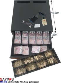 Resim SAYPOS Açma Butonlu İçi-Dışı Full Metal Ağır Yük Para Çekmecesi 5 Geniş Banknotlu Ekstra Büyük 46x46,5x11cm 