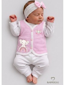 Resim Babyden's Kız Bebek Yelek Jakarlı Kalp Desenli Pamuklu Çıtçıtlı Fil Baskılı Bebek Yeleği Mevsimlik,yumuşak Pembe 