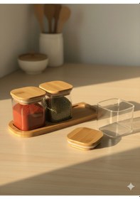 Resim Lebron Bambu Kapaklı Cam Baharatlık Seti 3 Lü Standlı Kare Şeffaf 