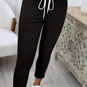 Resim Kadınların Yüksek Beli Bağcıklı Joggers - Pürüzsüz, Esnek Kumaş, Makine Yıkanabilir, Düz Siyah, Tüm Mevsimler İçin Rahat ve Spor Pantolon, Elastik Bel ve Bağcıklı, Jogging Pantolonu 