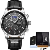 Resim Hanyang Gümüş Siyah 2021 Lıge Saatler Erkek Casual Deri Kuvars Erkek Saati Üst Marka Lüks Iş Saati Erkek Spor Su Geçirmez Tarih Chronograph (Yurt Dışından) 