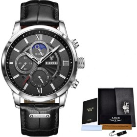 Resim Hanyang Gümüş Siyah 2021 Lıge Saatler Erkek Casual Deri Kuvars Erkek Saati Üst Marka Lüks Iş Saati Erkek Spor Su Geçirmez Tarih Chronograph (Yurt Dışından) 