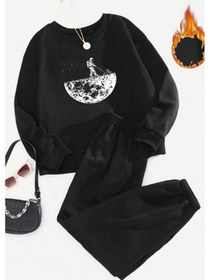 Resim Unisex Uzay Temalı Baskılı Bisiklet Yaka Eşofman Takımı Siyah 