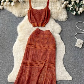Resim Şık Etek Takımı - Seksi Bölünmüş Etekli Delikli Askılı Üst, Bahar/Yaz Stili, Sevgililer Günü İçin Mükemmel 