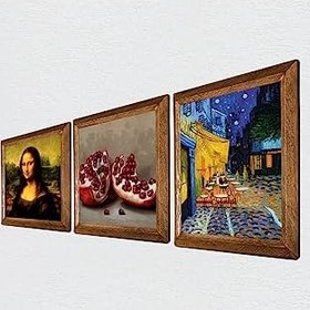 Resim Pinecone Van Gogh Kafe Terasta Gece, Da Vinci Mona Lisa, Nar Taş Duvar Tablosu - Ahşap Çerçeveli Taş Tablo - 25x25 cm - 3 Parça Set - Dekoratif Duvar Sanatı - Modern Ev ve Ofis Duvar Dekoru W3-1450 
