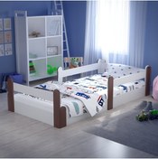 Resim Tuliplife Montessori Karyola Beyaz Rustik Ceviz 90x190 Yatak Uyumlu Oval Kesim Çocuk Yatağı 