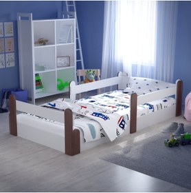 Resim Tuliplife Montessori Karyola Beyaz Rustik Ceviz 90x190 Yatak Uyumlu Oval Kesim Çocuk Yatağı 