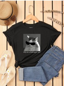Resim Unisex Kedi Gözlük Baskılı Oversize T-shirt 001 