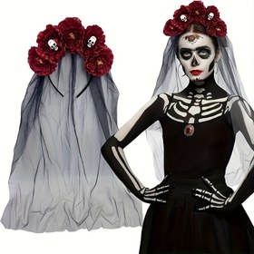 Resim Kadınlar İçin Gotik Çiçekli Kafatası Taç Şapkası ve Duvağa - La Calavera Catrina Meksika Ölüler Günü Aksesuarı, Şarap Rengi & Siyah Çiçek Tacı ile Beyaz Dantelduvak, Cadılar Bayramı, Diá de los Muertos Cosplay, Temalı Partiler ve Fotoğraf Çekimleri İçin Uygundur - Detaylı Desenli İskelet ve Kırmızı Güller, Bütün Gün Rahatlıkla Takılabilir Dayanıklı Yapım, Gotik ve Meksika Kultur 