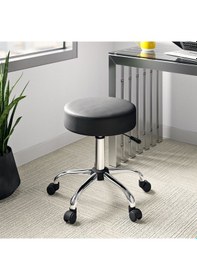 Resim Krom Ayaklı Ofis Kasiyer Taburesi 360 Derece Tekerlekli Deri Döşeme Oturak Eczane Laboratuvar Siyah 