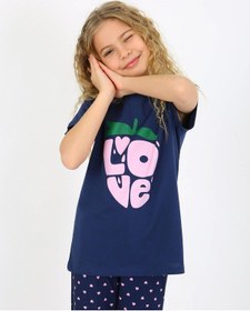 Resim Kız Çocuk Kısa Kollu %100 Pamuklu Pijama Takımı Cute Love Lacivert 