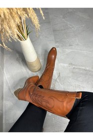 Resim POTEEN Duppy Kadın Çizme Western Kovboy Nakışlı Tam Kalıp Rahat P300-Taba 
