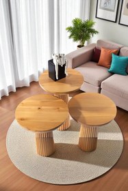 Resim Simillo Home&Living Wood Wooden 3’lü Set Fitilli Mantar Yan Sehpa Modern Tütün Renk Fiskos 