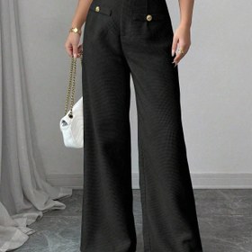 Resim Kadınların Yüksek Bel Geniş Bacaklı Pantolonları - Faux Cebi Olan Rahat Şık Düz Bacaklı Pantolonlar, Ofis ve Rahat Giyim İçin Katı Siyah Tüm Mevsim Konforu, Yüksek Bel Tayt, Çok Yönlü Gardırop Temeli, Modern Geniş Bacaklı, Kaliteli Dikiş, Şık Alt Giyim, Moda Bilinci Olan Alıcılar 