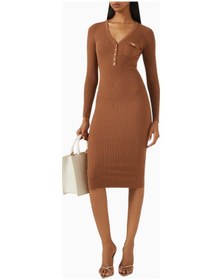 Resim Elit Elisabetta Franchi Ribbed Chest Pocket V Yaka Logo Düğmeli, Triko Midi Elbise Abiye Bej 44 