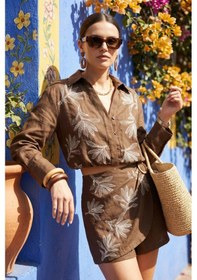 Resim Fashion Cocktail Resif Nakış İşleme Toka Aplike Yan Fermuarlı Lastikli Yüksek Bel Yazlık Minimalist Crop Şort Takım Kahverengi 