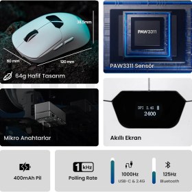 Resim Aula SC390 PAW3311 Sensör 20000 Dpı 1000Hz Kablolu ve Kablosuz Gaming Oyuncu Mouse Beyaz 