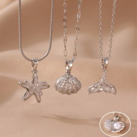 Resim Paslanmaz Çelik Yaz Plaj Kolyesi Yıldız Balığı, Deniz Kabuğu ve Denizkızı Kuyruk Kolye ile - Kadınlar için Tatil Takıları, Rahat Giyim, Plaj Tatili için Kolye 