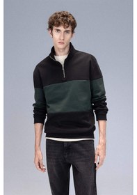 Resim DeFacto Comfort Regular Fit Rahat Kalıp Dik Yaka Fermuarlı Çizgili Kalın Sweatshirt D2401AX24AUBK34 