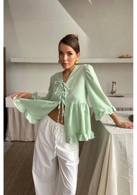 Resim Ge Ticaret Keten Bluz Önden Bağlamalı Fırfır Detaylı - Yeşil Yeşil 