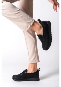 Resim Kadın Galina Siyah Bağcıklı Lastikli Ortopedik Rahat Taban Taş Detaylı Günlük Babet Anne Ayakkabısı-siyah Siyah 