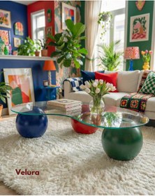 Resim Küre Orta Sehpa - 1 Yeşil Top & 1 Kırmızı Top & 1 Mavi Top - Fasulye - Şeffaf Cam Çok Renkli 