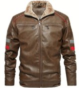 Resim NYC GİYİM TEKSTİL İçi Kürklü Kolları Yatay Kırmızı ve Gri Çizgili Mont 