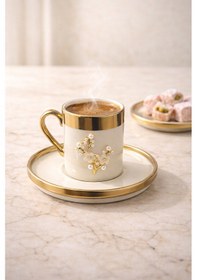 Resim 2 Kişilik Lüks Beyaz Gold Yaldızlı İnci Lotus Kahve Fincan Takımı Seti 100ml 