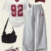 Resim Kadın Modası "233.68cm Jersey ve Pantolon Seti - Kırmızı ve Beyaz, Polyester, Casual Spor Giyim "HAWKIA" Baskısı, Hafif ve Nefes Alabilir İlkbahar/Yaz, Spor Giyim|Jersey Stili|Polyester Kumaş 