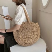 Resim Okula Dönüş Sezonu Dış Mekan Örgü Hasır Omuz Çantası - Şık Yuvarlak Crossbody Kadın Çanta, Yaz Tatili Stili, Tembel Fransız Tasarımı, Kolay Temizlenir 