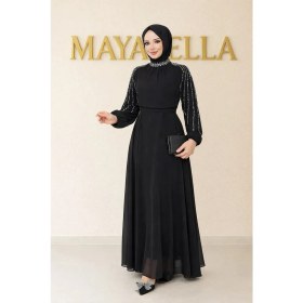 Resim MayaBella Maya Bella Kolları Işlemeli Tesettür Abiye Şifon Kumaşlı Uzun Kol Siyah Renkli Özel Tasarım 
