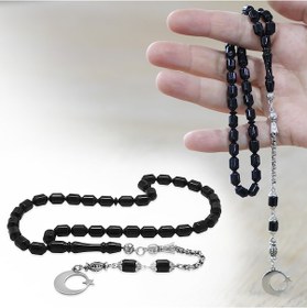Resim Tesbihname Sıkma Kehribar Tesbih - Metal Püsküllü - Siyah Renk - İsme Özel Yazılı - Kapsül Kesim 