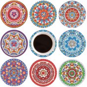 Resim 8 adet DIY Elmas Boyama Bardak Seti Stand ile - Mandala Deseni, Yuvarlak Akrilik İçecek Bardağı, 10.01x10.01cm, Elmas Sanat Bardağı 