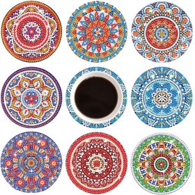 Resim 8 adet DIY Elmas Boyama Bardak Seti Stand ile - Mandala Deseni, Yuvarlak Akrilik İçecek Bardağı, 10.01x10.01cm, Elmas Sanat Bardağı 
